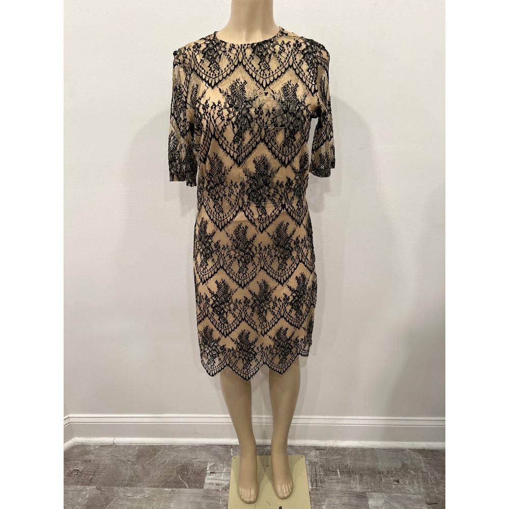 CAARA Sheath Dress Womens Medium Black Nude Lace Overlay Short Sleeve Mini